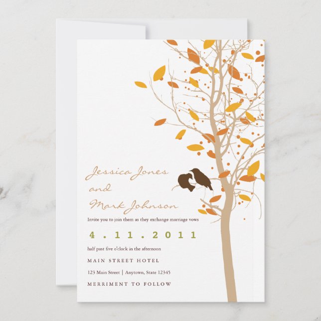 Autumn Love Birds in Tree with Fall Leaves Invitation (Front)