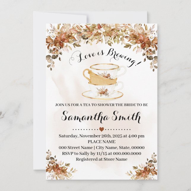 Autumn Love is Brewing Tea Shower Fall Invitation (Front)