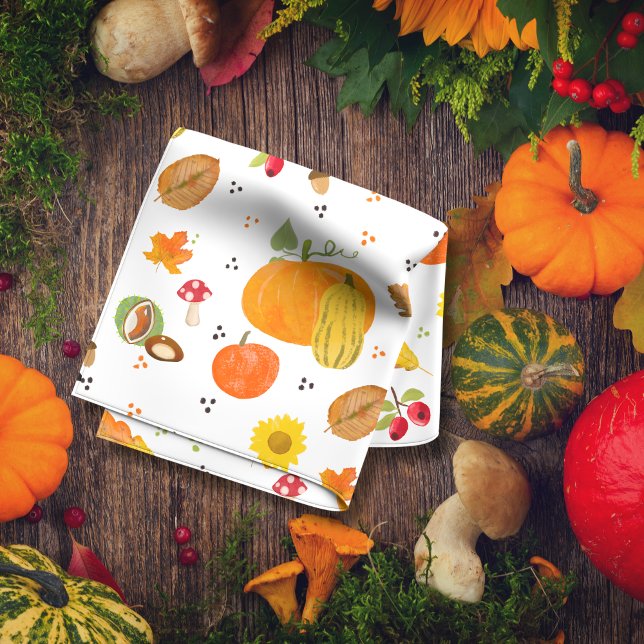 Autumn Lover Kitchen Towels with Pumpkins (Folded kitchen towel with an autumnal pattern: Pumpkins, sunflowers, buckeye, rose hip, mushrooms...)