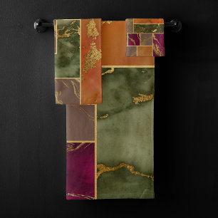 Autumn Luxury   Geometric Gold Jewel Tone Marble Bath Towel Set