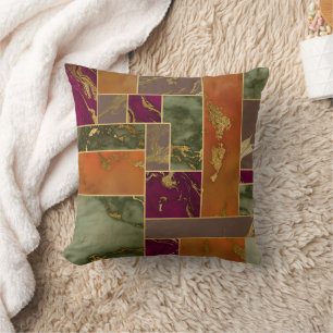 Autumn Luxury   Geometric Gold Jewel Tone Marble Cushion