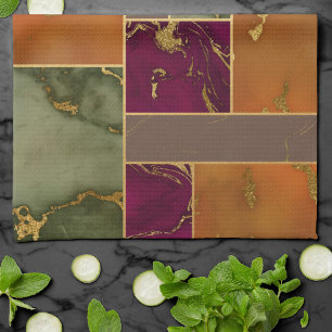 Autumn Luxury   Geometric Gold Jewel Tone Marble Tea Towel