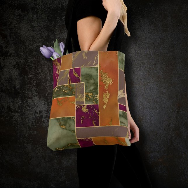 Autumn Luxury | Geometric Gold Jewel Tone Marble Tote Bag (Creator Uploaded)