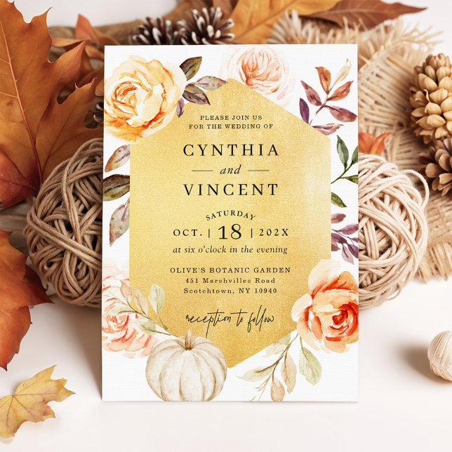 Autumn Luxury Gold Botanical Floral Fall Wedding Invitation (Creator Uploaded)