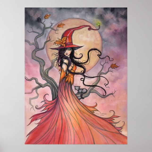 Autumn Magic Halloween Witch and Cat Art Poster (Front)