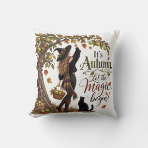 Autumn Magic Witch Cat & Apple Tree Throw Pillow
