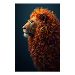 Autumn Majesty – The Serene Lion of Falling Leaves Poster