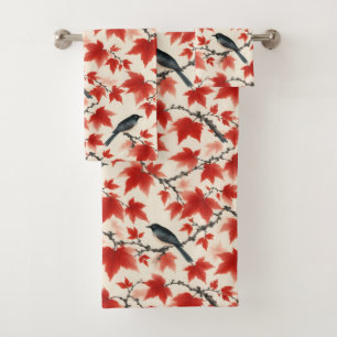 Autumn Maple and Birds Japanese Art Bath Towel Set