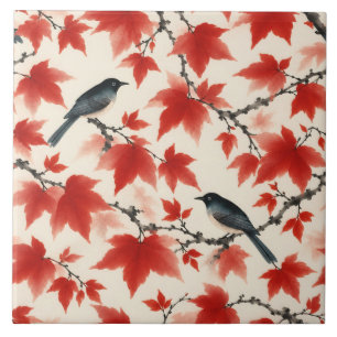 Autumn Maple and Birds Japanese Art Ceramic Tile