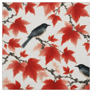 Autumn Maple and Birds Japanese Art Fabric