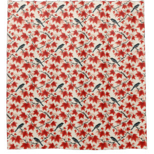 Autumn Maple and Birds Japanese Art Shower Curtain