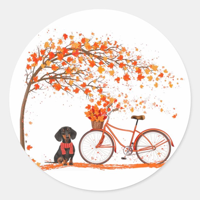 Autumn Maple Dachshund Leaf Fall Cycling Cute Wien Classic Round Sticker (Front)