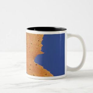 Autumn maple leaf and blue sky, White Two-Tone Coffee Mug