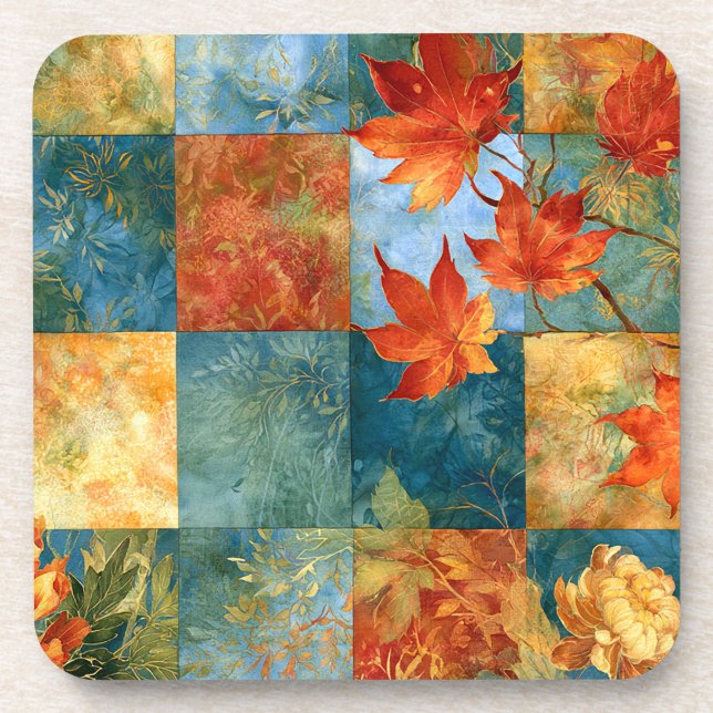 Autumn Maple Leaf Botanical Patchwork Coaster (Front)