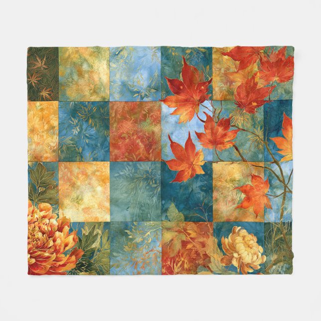 Autumn Maple Leaf Botanical Patchwork Fleece Blanket (Front (Horizontal))