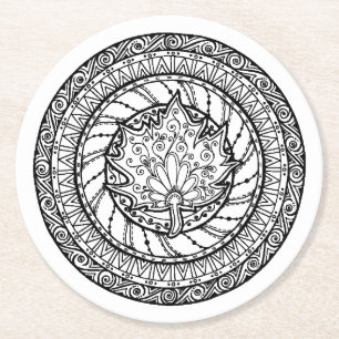 Autumn Maple Leaf Doodle Round Paper Coaster