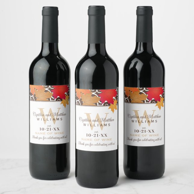Autumn Maple Leaf Monogram Wedding Wine Label (Bottles)