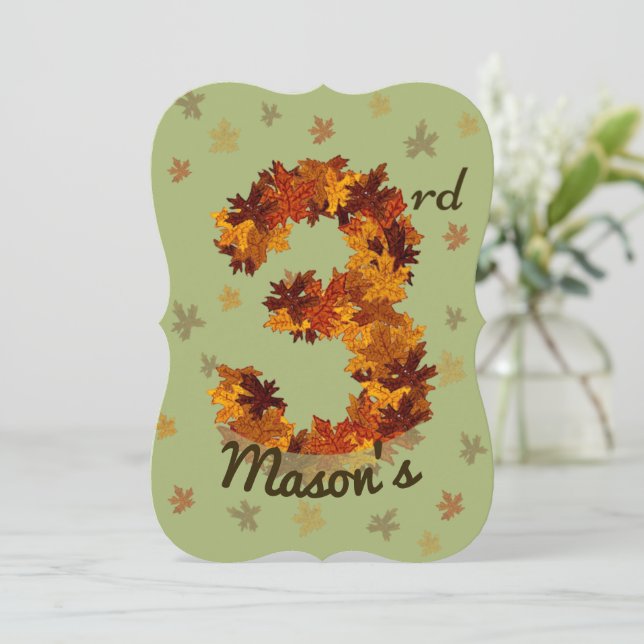 Autumn Maple Leaf Orange Brown Yellow 3rd Birthday Invitation (Standing Front)