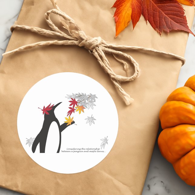 Autumn Maple Leaves and Cute Funny Penguin Classic Round Sticker (Creator Uploaded)