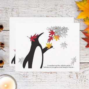 Autumn Maple Leaves and Penguin Funny Fall Season Postcard