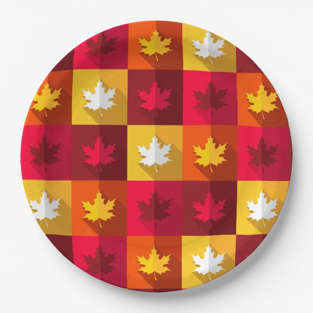 Autumn Maple Leaves Bright Patchwork Paper Plate (Front)