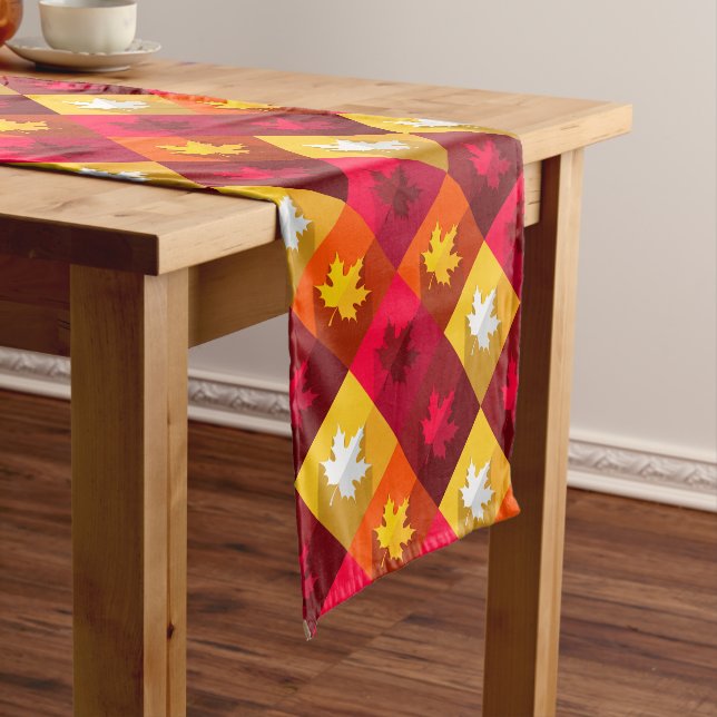 Autumn Maple Leaves Bright Patchwork Short Table Runner (In Situ)