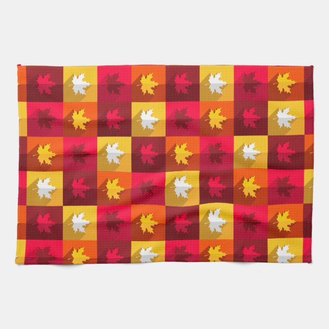 Autumn Maple Leaves Bright Patchwork Tea Towel (Horizontal)