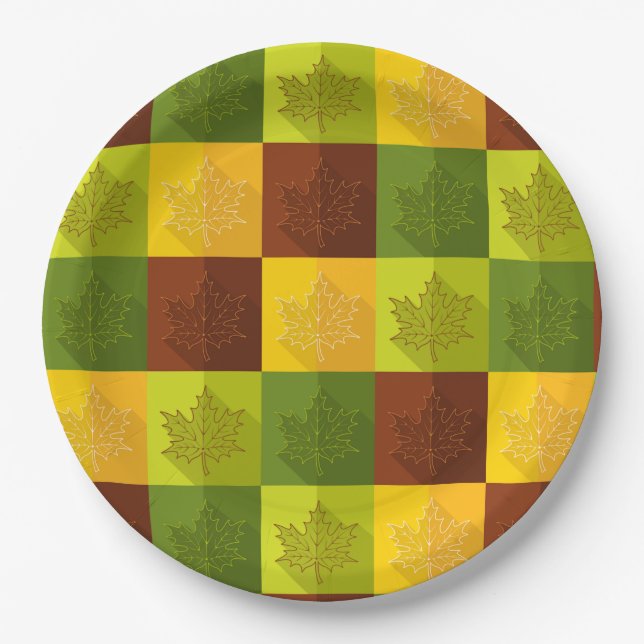 Autumn Maple Leaves, brown, gold, green Paper Plate (Front)