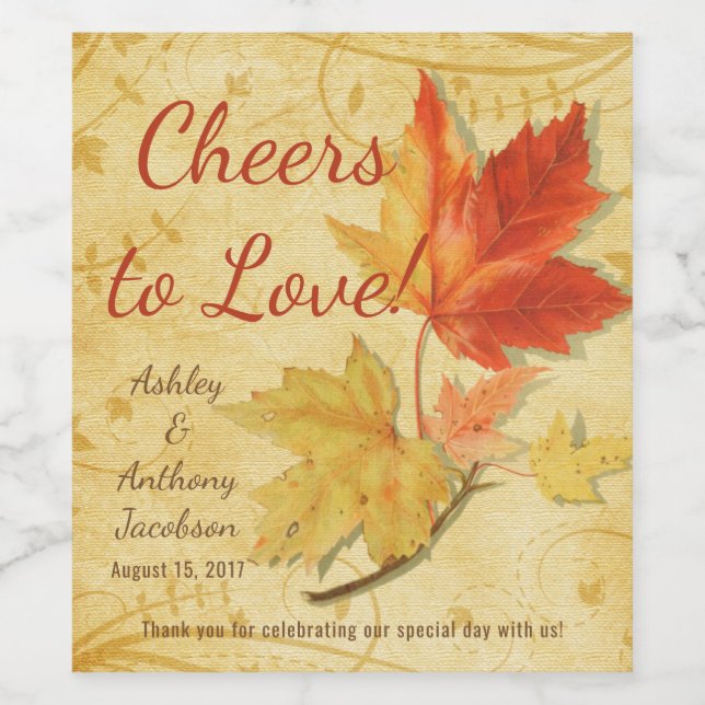 Autumn Maple Leaves Cheers to Love Wedding Wine Label (Single Label)