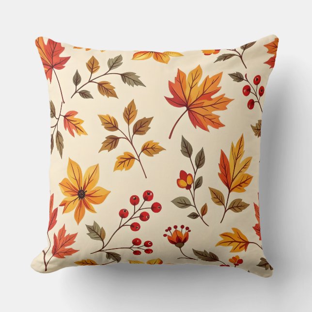 Autumn Maple Leaves & Cranberries Print Collection Cushion (Front)