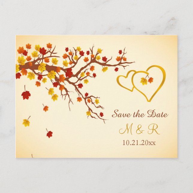 Autumn maple leaves, hearts Save the Date Announcement Postcard (Front)