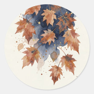 Autumn Maple Leaves Navy Gold Watercolor Classic Round Sticker