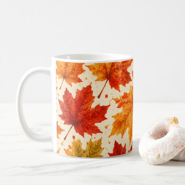 Autumn Maple Leaves Pattern | Fall Orange Red Leaf Coffee Mug (With Donut)