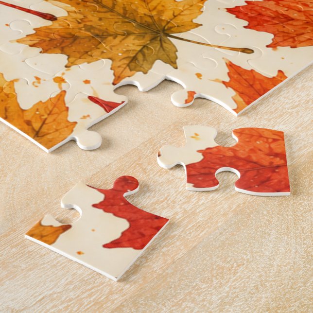 Autumn Maple Leaves Pattern | Fall Orange Red Leaf Jigsaw Puzzle (Side)