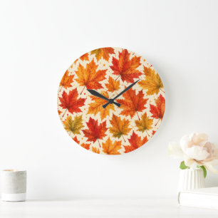 Autumn Maple Leaves Pattern Fall Orange Red Leaf Large Clock