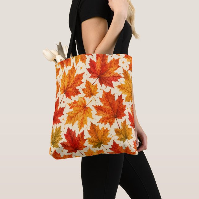 Autumn Maple Leaves Pattern | Fall Orange Red Leaf Tote Bag (Close Up)