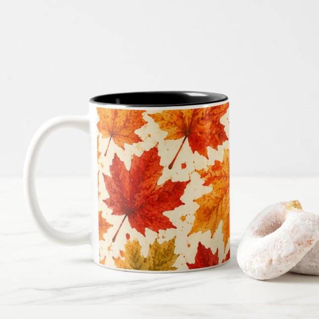 Autumn Maple Leaves Pattern | Fall Orange Red Leaf Two-Tone Coffee Mug (With Donut)