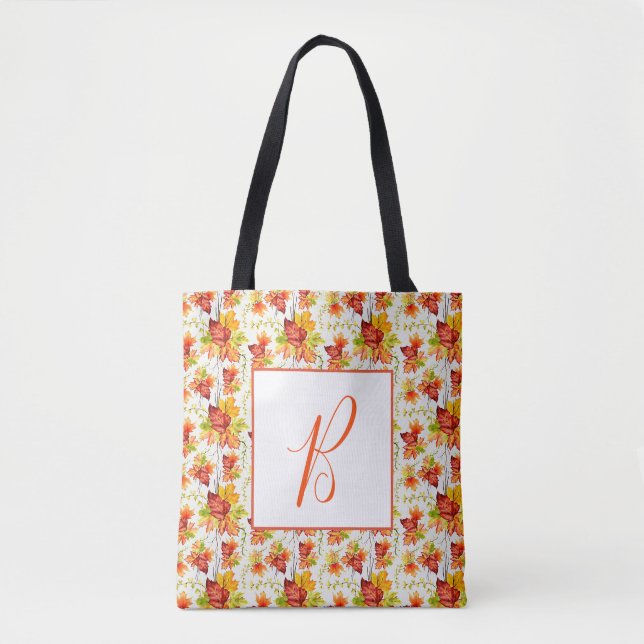 Autumn maple leaves pattern monogram tote bag (Front)