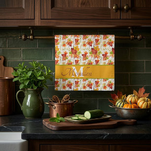 Autumn maple leaves pattern personalised tea towel