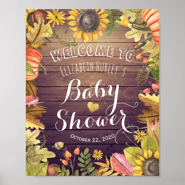 Autumn Maple Leaves & Pumpkin Baby Shower Welcome Poster (Front)