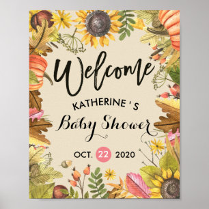 Autumn Maple Leaves & Pumpkin Baby Shower Welcome Poster