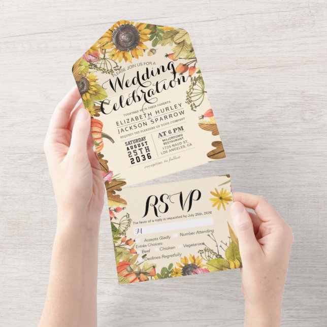 Autumn Maple Leaves Pumpkin Sunflower Wedding RSVP All In One Invitation (Tearaway)