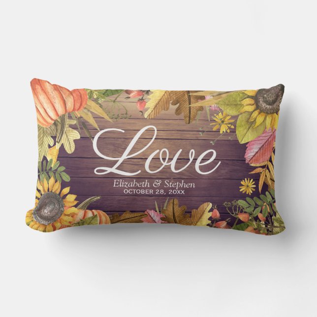 Autumn Maple Leaves Pumpkins Wood Wedding Shower Lumbar Cushion (Front)