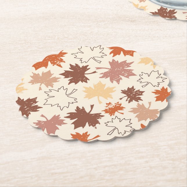 Autumn maple leaves, red brown beige fall paper coaster (Angled)