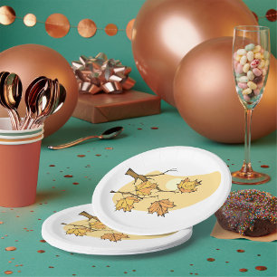Autumn Maple Leaves with Branches and Sunset  Paper Plate