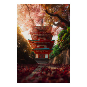 Autumn Maple Pagoda Temple Staircase Glow Poster