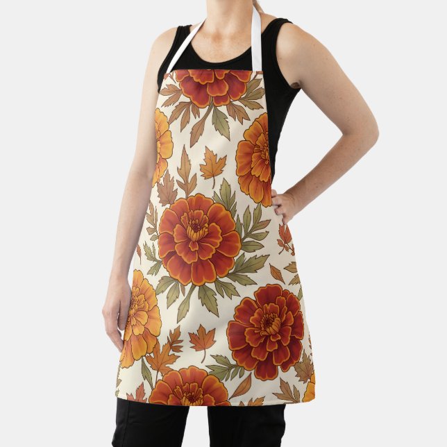 Autumn marigold flower pattern apron (Insitu)