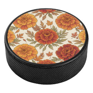 Autumn marigold flower pattern hockey puck
