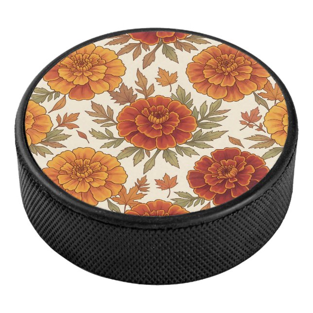 Autumn marigold flower pattern hockey puck (3/4)