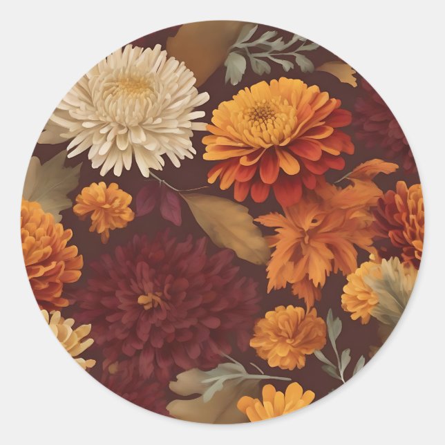 Autumn Marigolds Chrysanthemums and Asters Pattern Classic Round Sticker (Front)